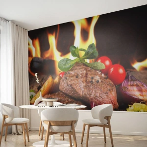 Fotobehang Premium Canvas - Opgewekt door hitte - Gastronomie, biefstuk, Vlammen van vuur - 100x70 cm