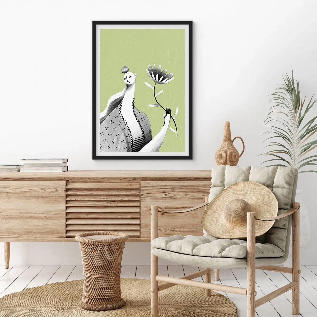 Poster in een zwarte lijst - Modernistisch portret – met een bloem in de hand - 30x40 cm