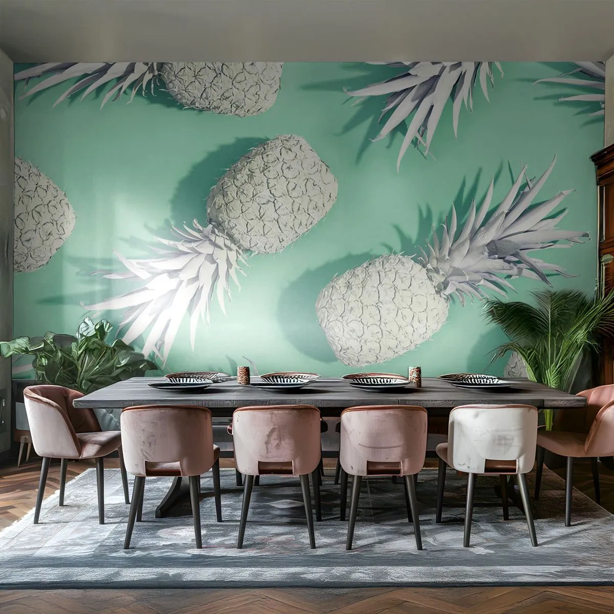 Fotobehang Premium Sand - Het gaat goed met munt - Abstractie, Ananas, Deel - 450x315 cm