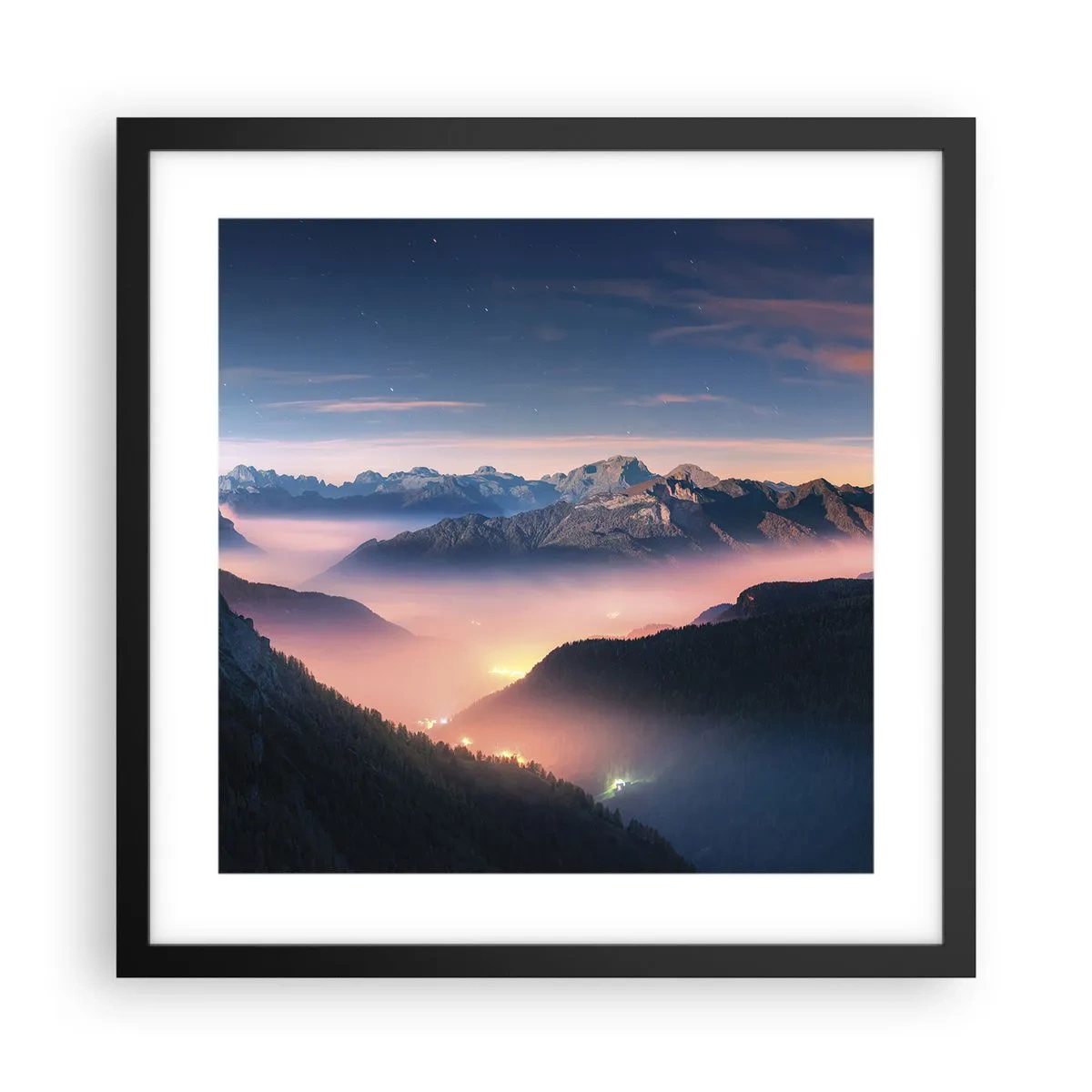 Poster in een zwarte lijst - Licht in de dalen - 40x40 cm
