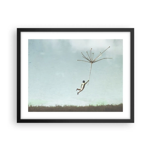 Poster in een zwarte lijst - Vliegers, paardebloemen, wind - 50x40 cm