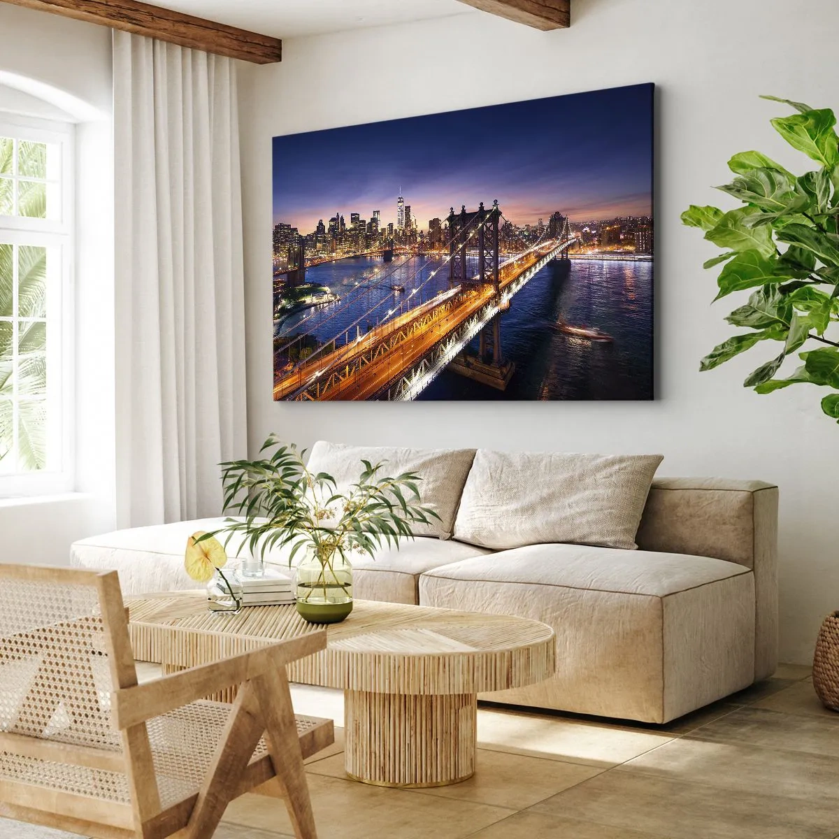 Schilderen op canvas - De brug en het stadspanorama bij zonsondergang - 70x50cm - Een stralende brug naar het hart van de stad - Moderne wanddecoratie voor woonkamer en slaapkamer ARTTOR