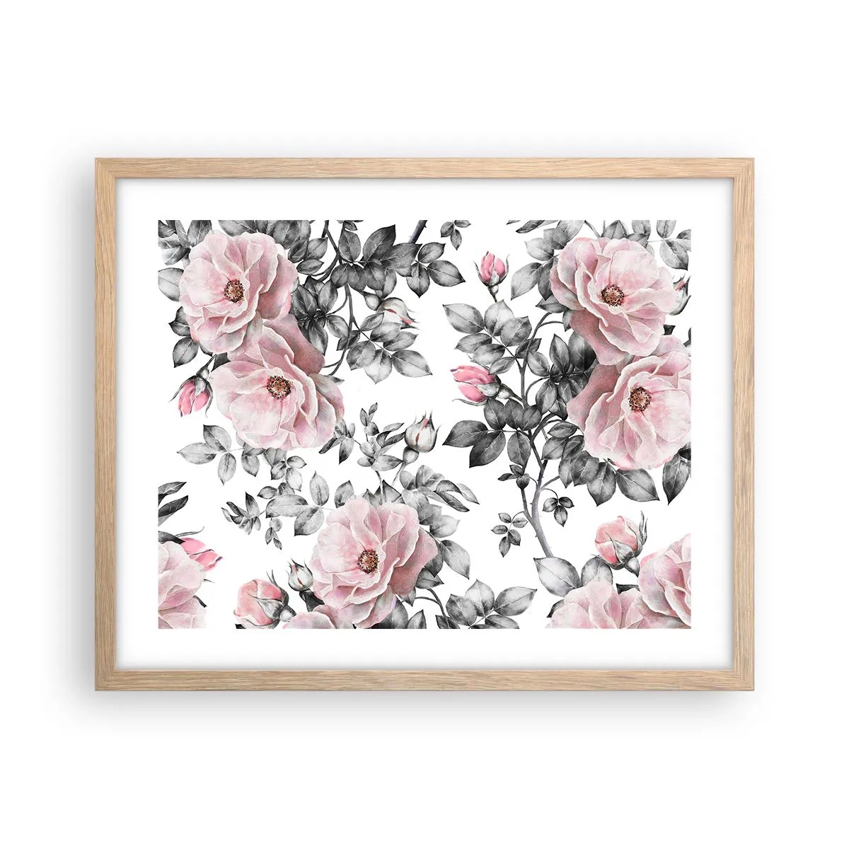 Een poster in een licht eiken lijst - Verdwalen in de bloemen van de rozen - 50x40 cm