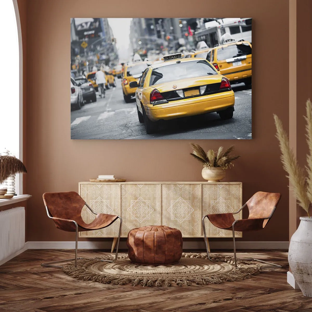 Schilderen op canvas - Gele taxi's op een drukke stadsstraat in het centrum van de metropool - 70x50cm - Alleen in deze stad - Moderne wanddecoratie voor woonkamer en slaapkamer ARTTOR