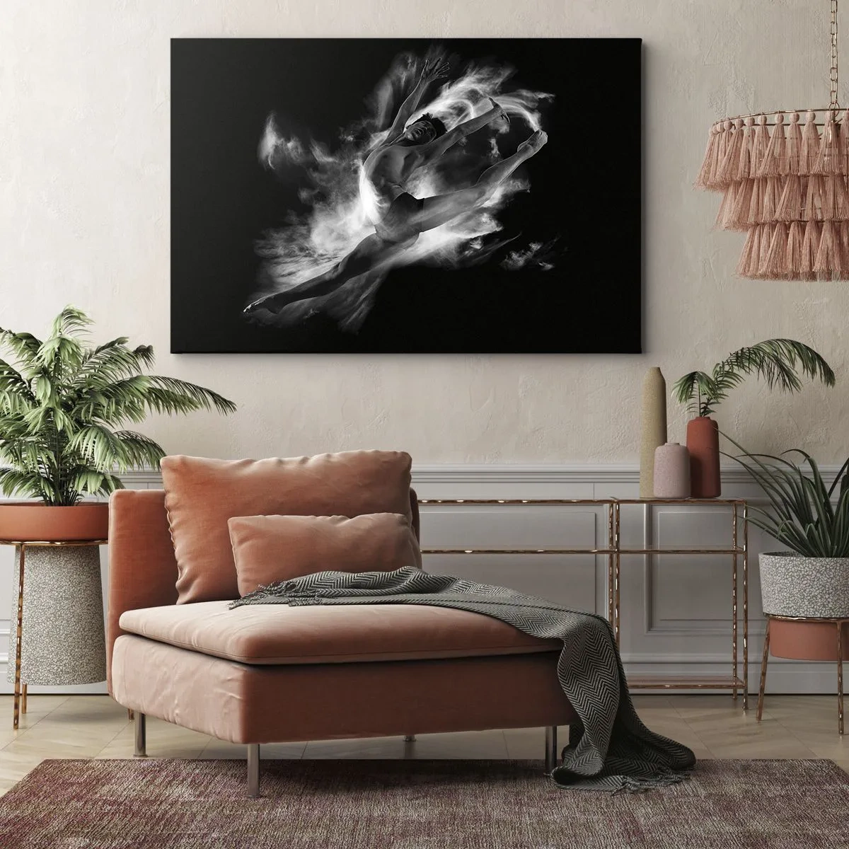 Schilderen op canvas - Een danser in een dynamische pose tegen een zwarte achtergrond - 70x50cm - Vast tijdens de vlucht - Moderne wanddecoratie voor woonkamer en slaapkamer ARTTOR