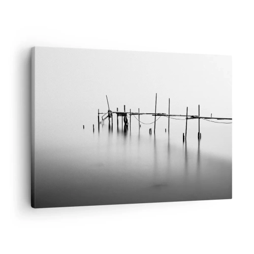 Schilderen op canvas - Een zwart-witte pier ondergedompeld in een mistig landschap - 70x50cm - Wat als er geen wereld is? - Moderne wanddecoratie voor woonkamer en slaapkamer ARTTOR