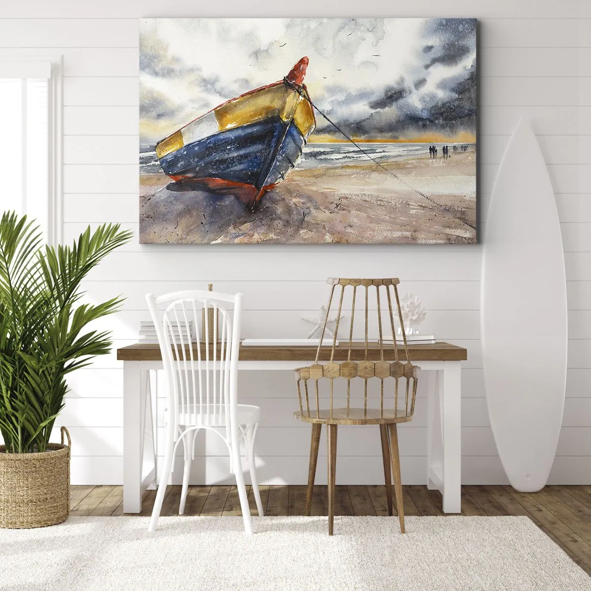 Schilderen op canvas - Een pittoreske boot op het strand onder een bewolkte lucht - 70x50cm - Rust aan de kust - Moderne wanddecoratie voor woonkamer en slaapkamer ARTTOR