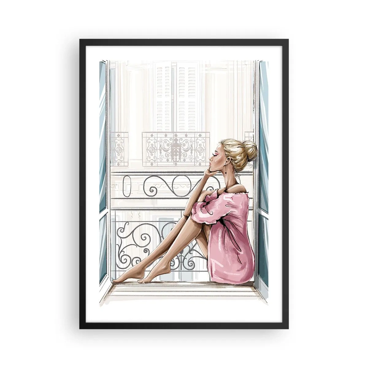 Poster in een zwarte lijst - Een vrouw in een roze badjas zittend op een balkon - 50x70cm - Parijs ochtend - Moderne wanddecoratie voor woonkamer en slaapkamer ARTTOR