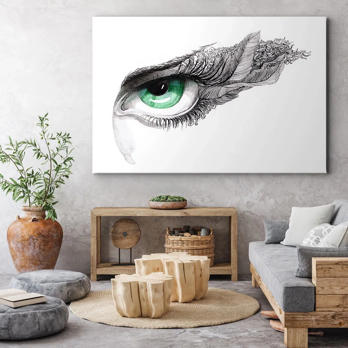 Schilderen op canvas - Artistiek oog met groene iris en getekende details - 70x50cm - Mooi en klaar om aan te vallen - Moderne wanddecoratie voor woonkamer en slaapkamer ARTTOR