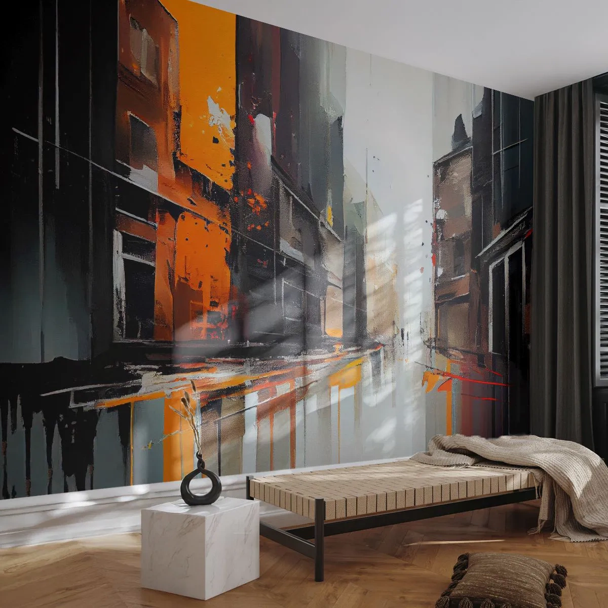 Fotobehang Premium Canvas - Regenachtige dag - Architectuur, Moderne kunst, Stad - 400x280 cm