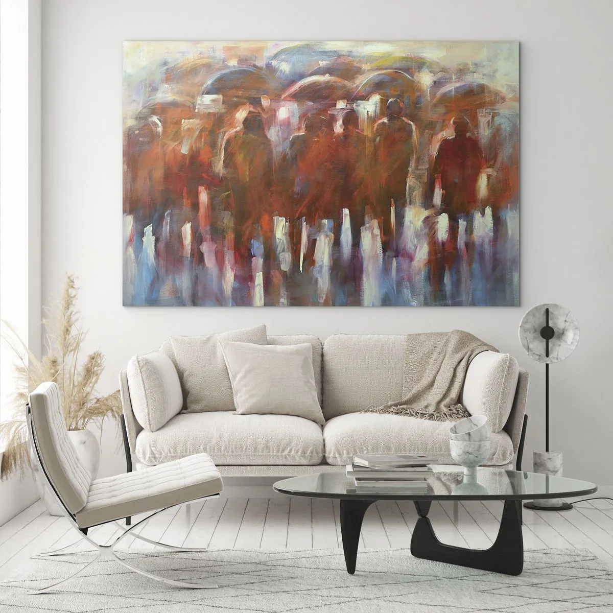 Schilderen op glas - Een groep mensen met paraplu's in een artistieke abstractie - 70x50cm - Zelfs bij regen en mist - Moderne wanddecoratie voor woonkamer en slaapkamer ARTTOR