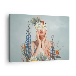 Schilderen op canvas - Portret van een vrouw met een bloemenmotief tegen een blauwe achtergrond - 70x50cm - Vrouw - bloem - Moderne wanddecoratie voor woonkamer en slaapkamer ARTTOR