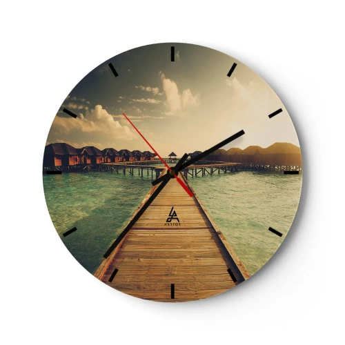 Wandklok - Klok - De steiger die naar de waterhuizen leidt in het zonsonderganglicht - 30x30cm - Een warme uitnodiging - Moderne wanddecoratie voor woonkamer, keuken en slaapkamer ARTTOR