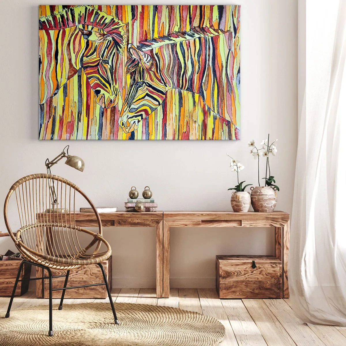 Schilderen op canvas - Kleurrijke zebra's tegen een achtergrond van abstracte strepen - 70x50cm - Dus jij ook... - Moderne wanddecoratie voor woonkamer en slaapkamer ARTTOR