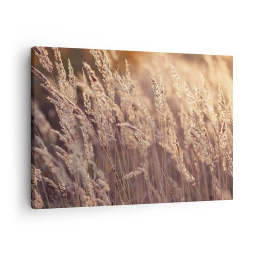 Schilderen op canvas - Gouden grassen tegen de achtergrond van de ondergaande zon - 70x50cm - Klaar om de herfst te verwelkomen - Moderne wanddecoratie voor woonkamer en slaapkamer ARTTOR