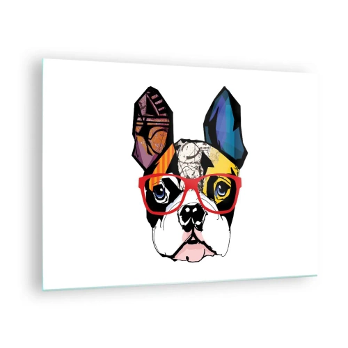 Schilderen op glas - Bulldog met een kleurrijke bril op een witte achtergrond - 70x50cm - intellectueel - Moderne wanddecoratie voor woonkamer en slaapkamer ARTTOR