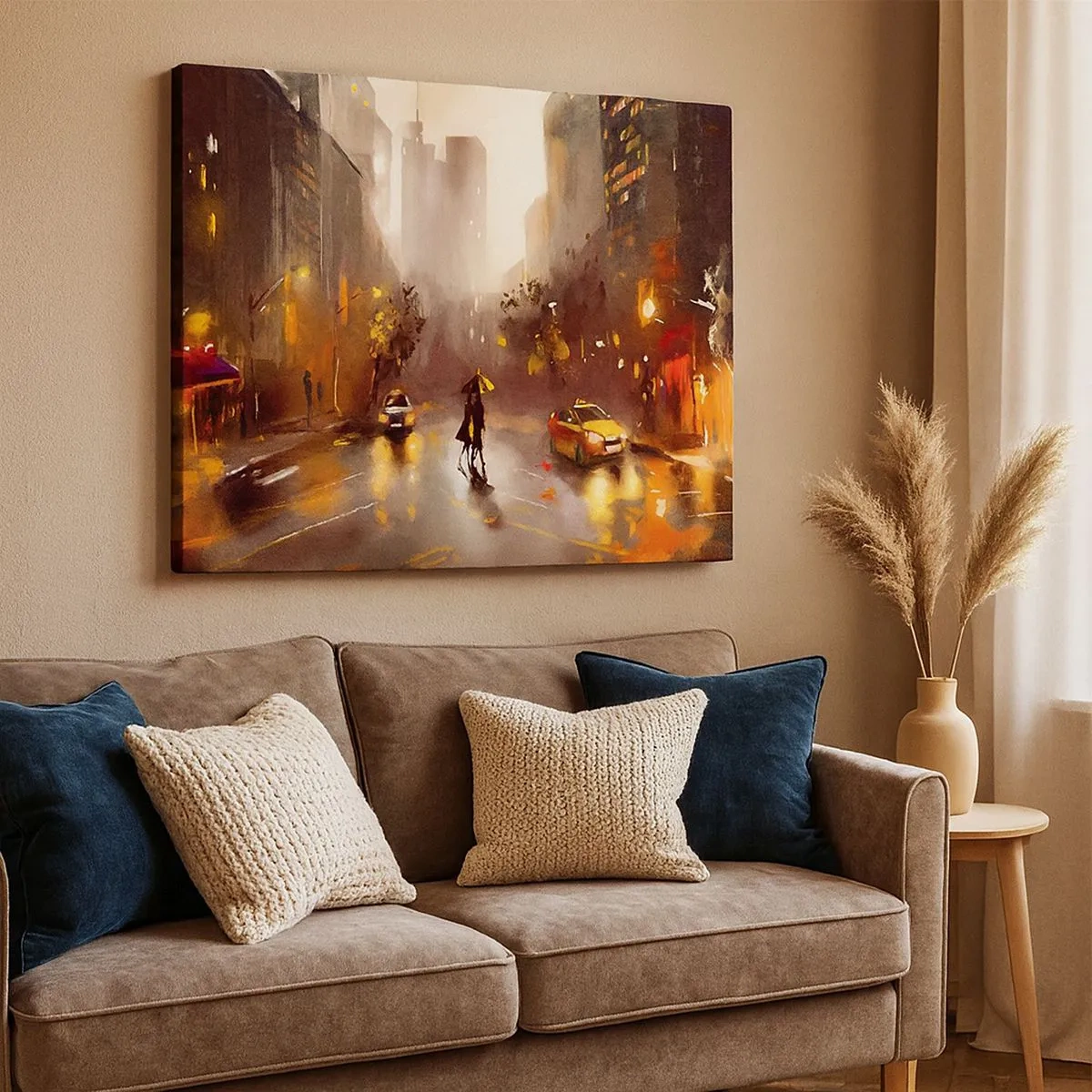 Schilderen op canvas - Een stedelijk tafereel bij nacht, met het licht van straatlantaarns en weerspiegelingen op een natte straat. - 70x50cm - In de lichten van New York - Moderne wanddecoratie voor woonkamer en slaapkamer ARTTOR