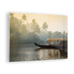 Schilderen op glas - Een boot op een kalme rivier, omringd door palmbomen in de ochtend - 70x50cm - Huis aan de rivier - Moderne wanddecoratie voor woonkamer en slaapkamer ARTTOR