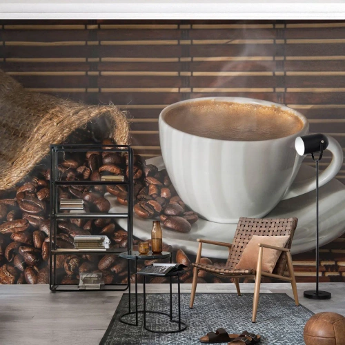 Zelfklevend Fotobehang Deluxe Sticker - De zwartheid van steenkool, de helderheid van barnsteen - Gastronomie, Koffie, kop koffie - 100x70 cm