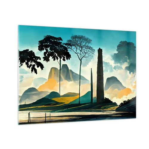 Schilderen op glas - Een fantasielandschap met bergen, bomen en een torenhoge rots - 70x50cm - Nog hoger en hoger - Moderne wanddecoratie voor woonkamer en slaapkamer ARTTOR