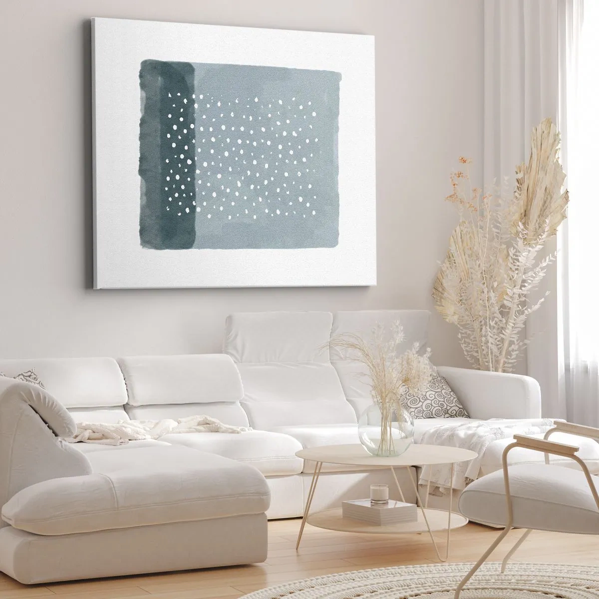 Schilderen op canvas - Een minimalistisch schilderij in blauwtinten met stippen - 70x50cm - Gegroeid op blauw - Moderne wanddecoratie voor woonkamer en slaapkamer ARTTOR