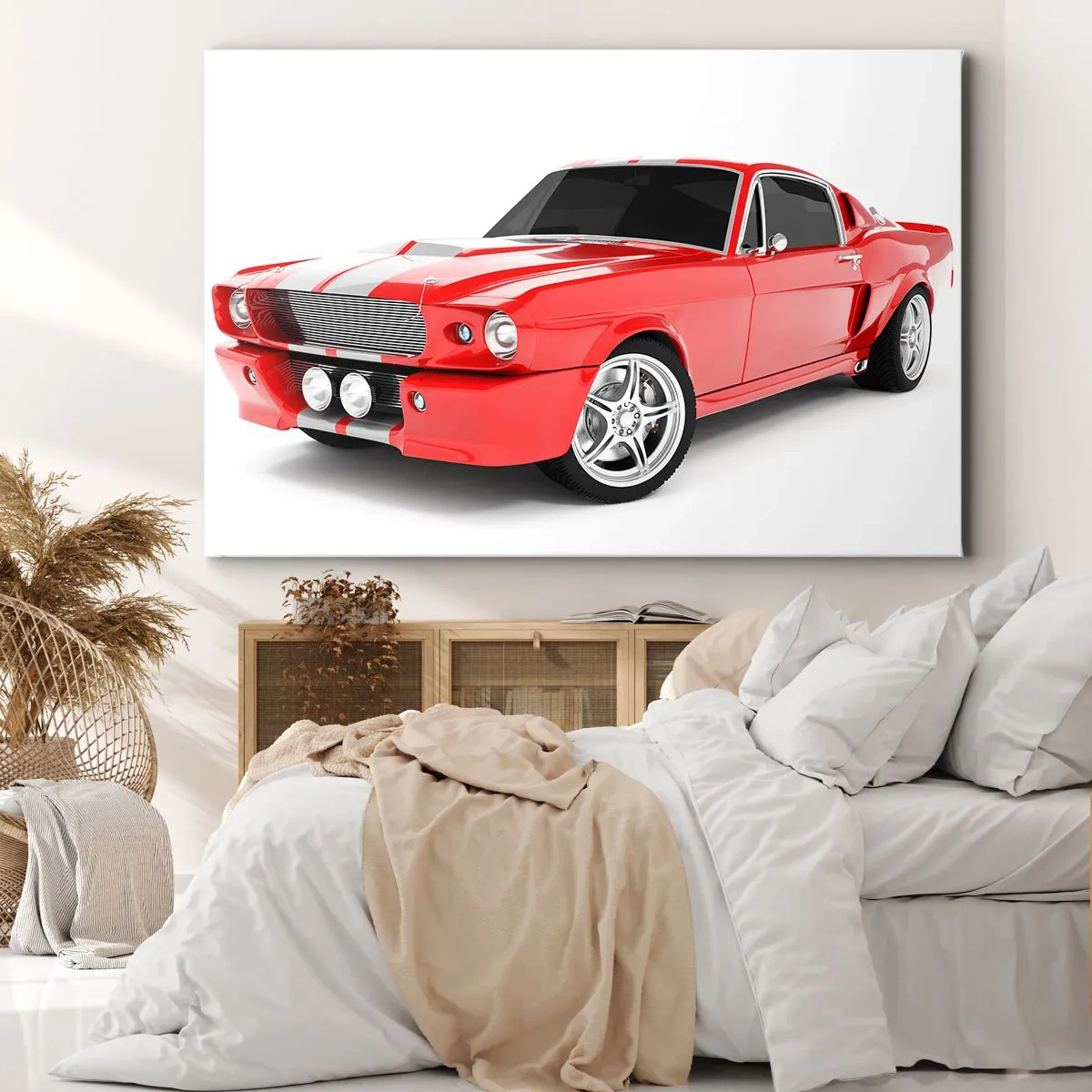 Schilderen op canvas - Rode sportwagen met witte strepen - 70x50cm - Een Mustang zo snel als de wind - Moderne wanddecoratie voor woonkamer en slaapkamer ARTTOR