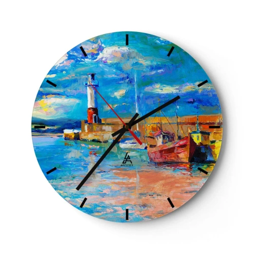 Wandklok - Klok - Een vuurtoren en boten in een kleurrijke, pittoreske omgeving - 30x30cm - Een middag in de regenboogbaai - Moderne wanddecoratie voor woonkamer, keuken en slaapkamer ARTTOR