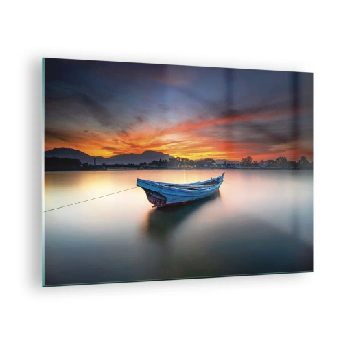 Schilderen op glas - Houten boot op het meer bij zonsondergang - 70x50cm - Een goede nacht komt eraan - Moderne wanddecoratie voor woonkamer en slaapkamer ARTTOR