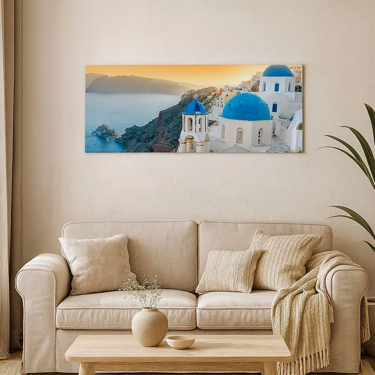 Schilderen op canvas - Santorini - genesteld tegen de rotsen - 100x40 cm
