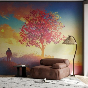 Fotobehang Premium Canvas - Pelgrim bij de bestemming - Landschap, Boom, Zwerver - 450x315 cm