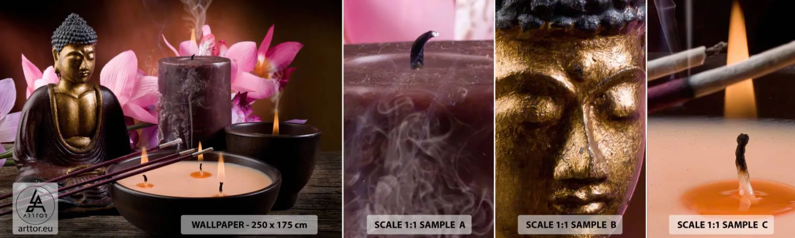 Fotobehang Staaltje Standard Eco - Maak de geest leeg, kalmeer het lichaam - Boeddha, Religie, Bloemen - 100x30 cm