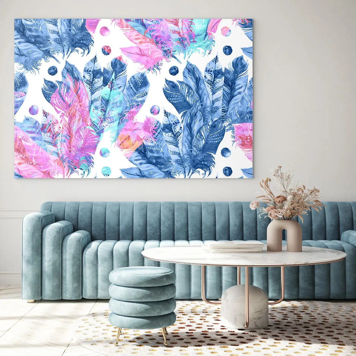 Schilderen op glas - Pluimen in roze en blauw - 120x80 cm