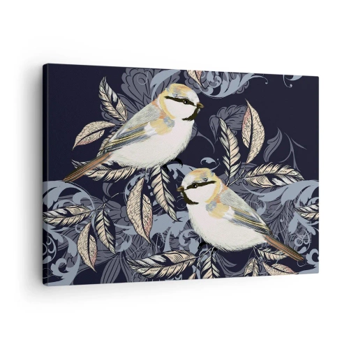 Schilderen op canvas - Vogels op takken op een decoratieve achtergrond - 70x50cm - Geel-blauwe triller - Moderne wanddecoratie voor woonkamer en slaapkamer ARTTOR