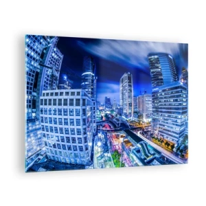 Schilderen op glas - Panorama van een moderne stad 's nachts met felle lichten - 70x50cm - Ritmes van de nachtstad - Moderne wanddecoratie voor woonkamer en slaapkamer ARTTOR