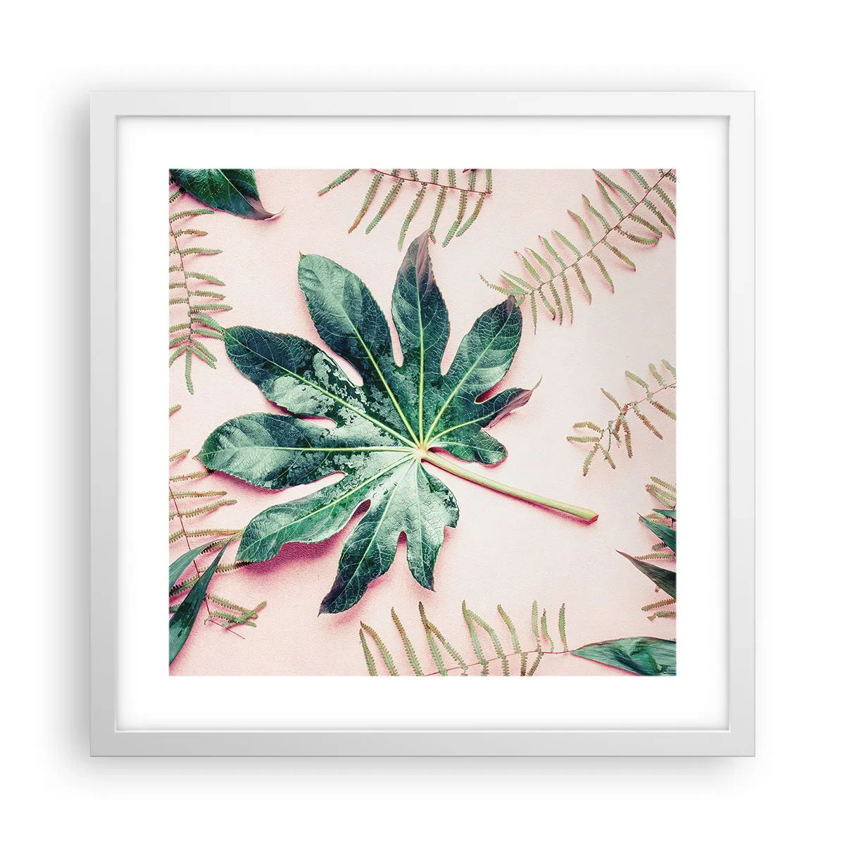 Poster in een witte lijst - Een studie van groen op een roze achtergrond - 40x40 cm