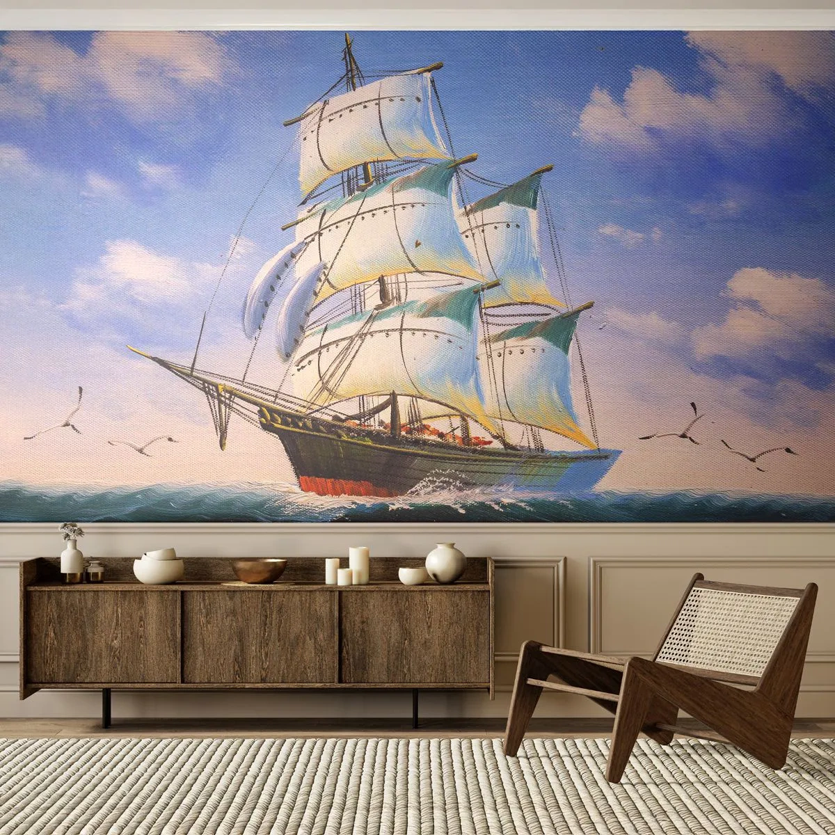Fotobehang Premium Sand - Trots met de wind - Nautisch, Zeilschip, Oceaan - 450x315 cm