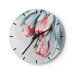 Wandklok - Klok - Protea-bloemen met lichtblauwe bladeren op een lichte achtergrond - 30x30cm - Schaamt zich voor hun eigen schoonheid - Moderne wanddecoratie voor woonkamer, keuken en slaapkamer ARTTOR