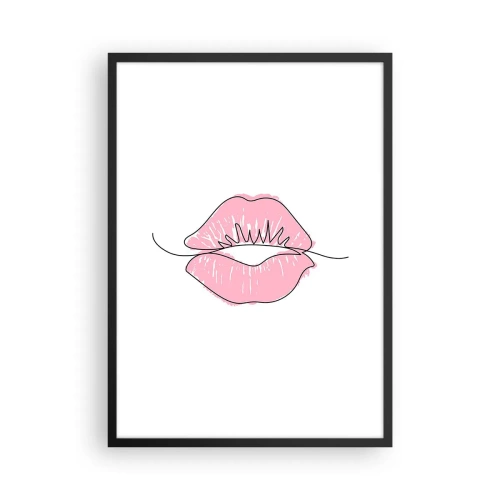 Poster in een zwarte lijst - Minimalistische illustratie van roze lippen op een witte achtergrond - 50x70cm - Klaar om te kussen? - Moderne wanddecoratie voor woonkamer en slaapkamer ARTTOR