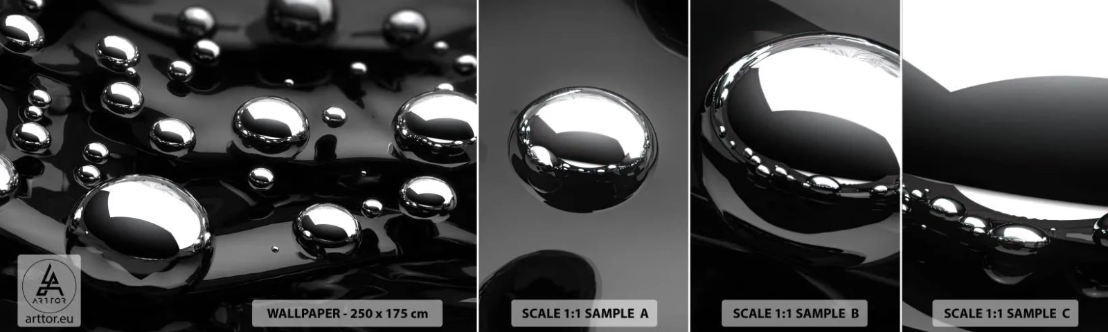 Fotobehang Monster Zelfklevend Deluxe Sticker - Uit het zwarte water - Abstractie, Chromen ballen, 3D - 100x30 cm