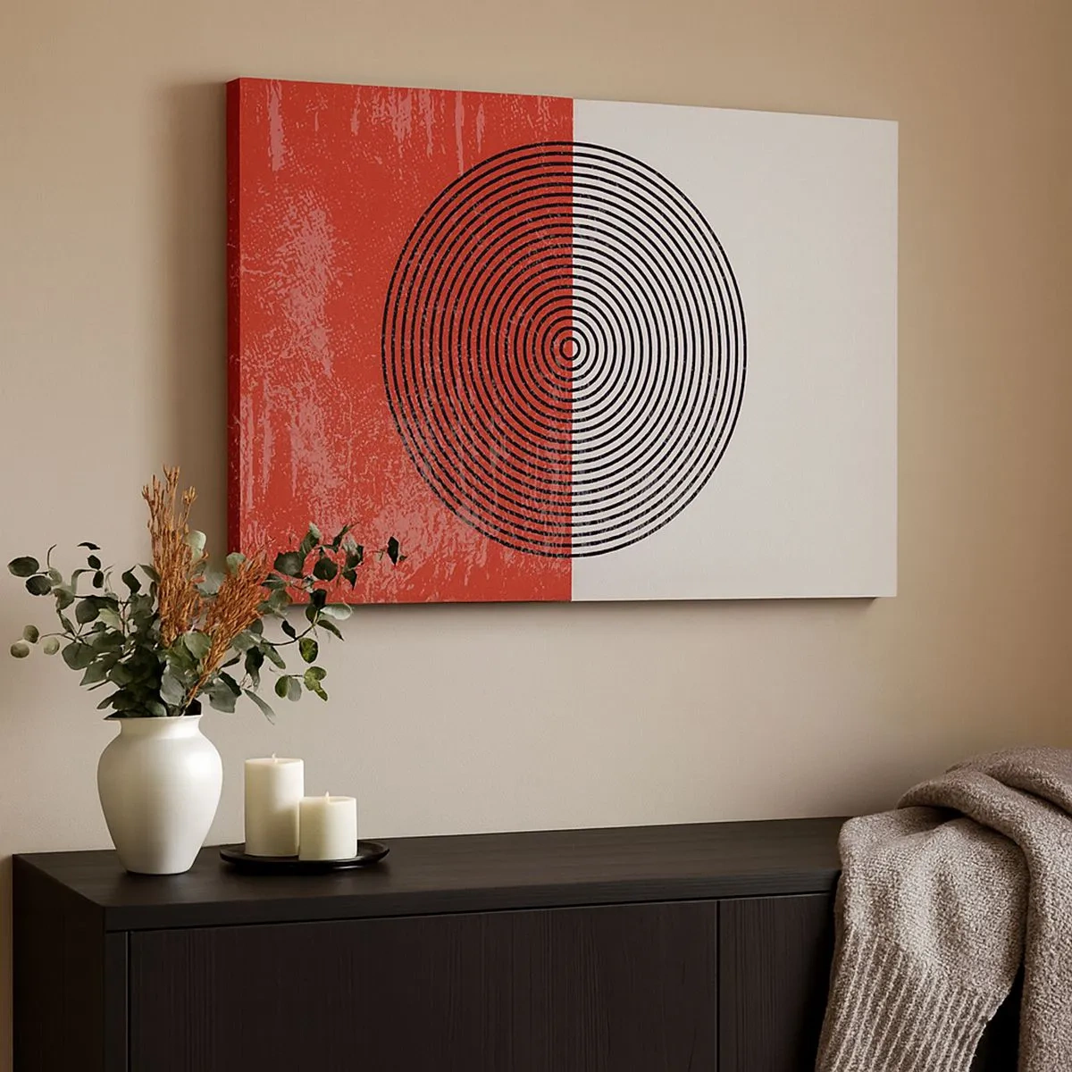 Schilderen op canvas - Geometrisch patroon met concentrische cirkels op een rode en witte achtergrond - 70x50cm - Op de kop geslagen - Moderne wanddecoratie voor woonkamer en slaapkamer ARTTOR