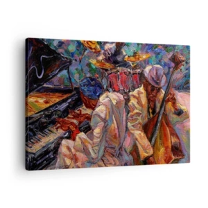 Schilderen op canvas - Energieke jazzscene met muzikanten en instrumenten - 70x50cm - In hetzelfde ritme - Moderne wanddecoratie voor woonkamer en slaapkamer ARTTOR