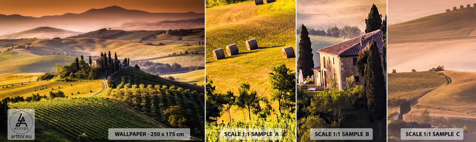 Fotobehang Monster Zelfklevend Deluxe Sticker - Arcadia - het Toscaanse landschap - Landschap, Toscane, Wijngaarden - 100x30 cm