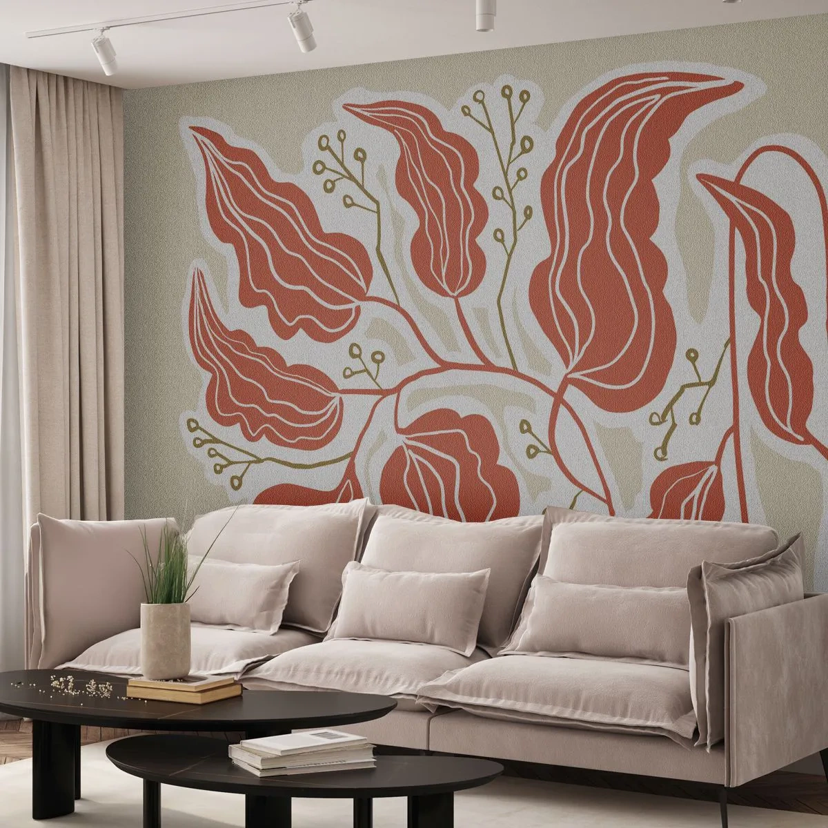 Fotobehang Premium Canvas - Folk en koraal - Boho, Botanisch, Bloemen - 300x210 cm