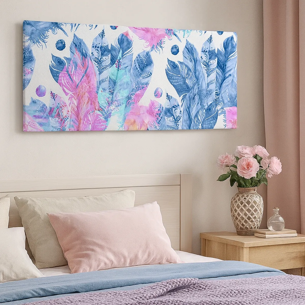 Schilderen op canvas - Pluimen in roze en blauw - 30x30 cm