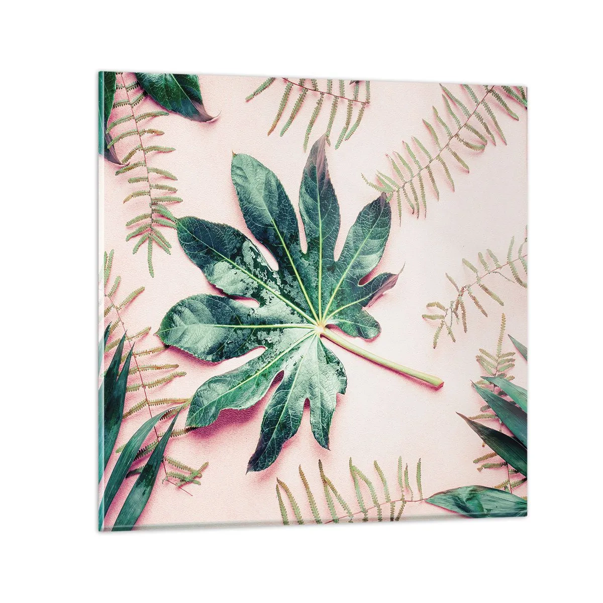 Schilderen op glas - Een studie van groen op een roze achtergrond - 70x70 cm