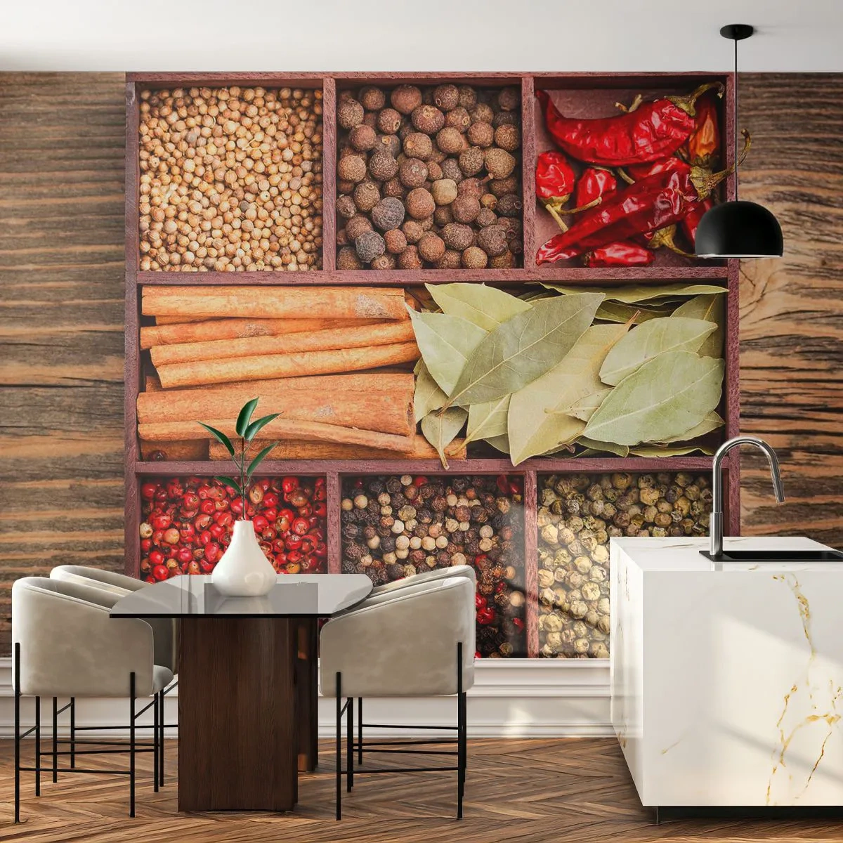 Zelfklevend Fotobehang Deluxe Sticker - Volgorde van vormen, boeket van aroma's - Gastronomie, Specerijen, Chili - 250x175 cm