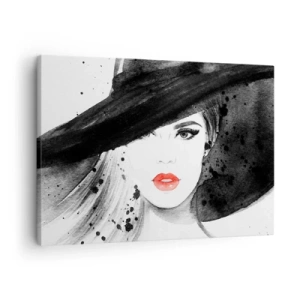 Schilderen op canvas - Portret van een vrouw met een hoed en rode lippen - 70x50cm - Vrouw in het zwart - Moderne wanddecoratie voor woonkamer en slaapkamer ARTTOR