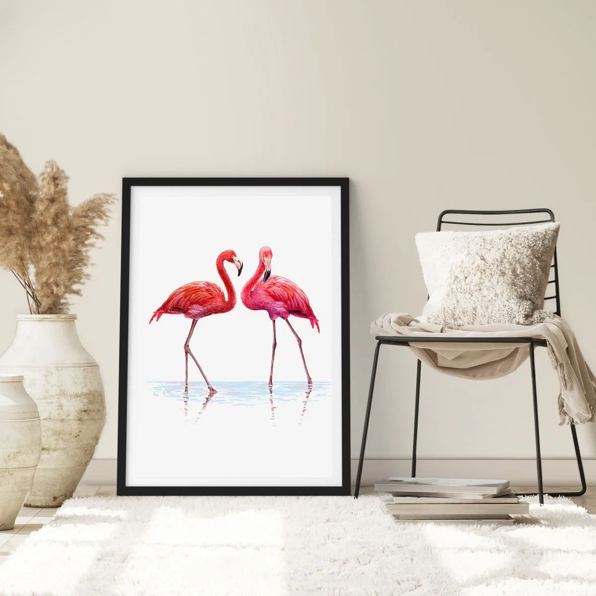 Poster in een zwarte lijst - Twee flamingo's op een witte achtergrond met weerspiegeling in het water - 50x70cm - Roze randez-vous - Moderne wanddecoratie voor woonkamer en slaapkamer ARTTOR