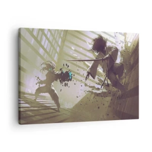 Schilderen op canvas - Dynamisch gevecht tussen twee personages in een futuristische stijl - 70x50cm - En je kunt een samoerai zijn - Moderne wanddecoratie voor woonkamer en slaapkamer ARTTOR