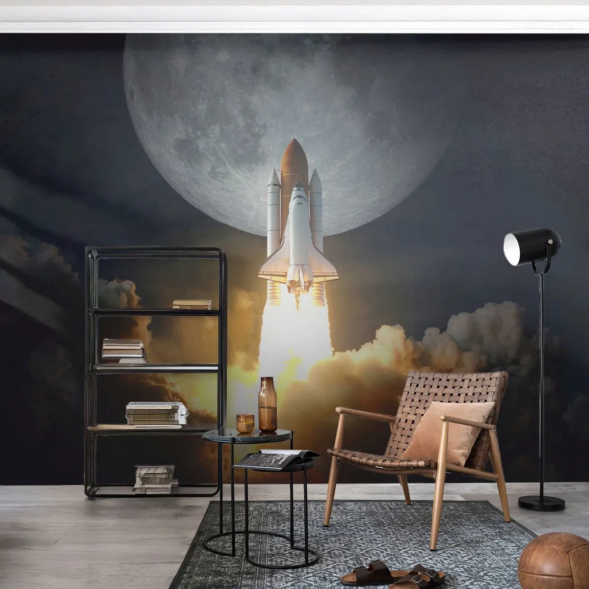 Fotobehang Premium Sand - Het begin van een onaards avontuur - Maan, Een ruimteraket, NASA - 100x70 cm